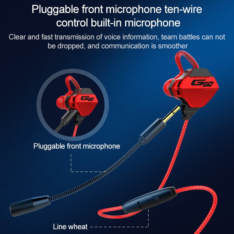 G10 1,2 m filaire dans l'oreille 3,5 mm interface stéréo filaire contrôlée casque HIFI jeu vidéo casque de jeu mobile avec micro édition Deluxe (rouge)