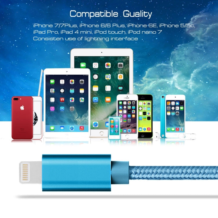 1m 3A Weave Style Tête Métallique 8 Broches vers Chargeur USB / Câble de Données Pour iPhone XR / iPhone XS MAX / iPhone X &amp; XS / iPhone 8 &amp; 8 Plus / iPhone 7 &amp; 7 Plus / iPhone 6 &amp; 6s &amp; 6 Plus &amp; 6s Plus / iPad (bleu)