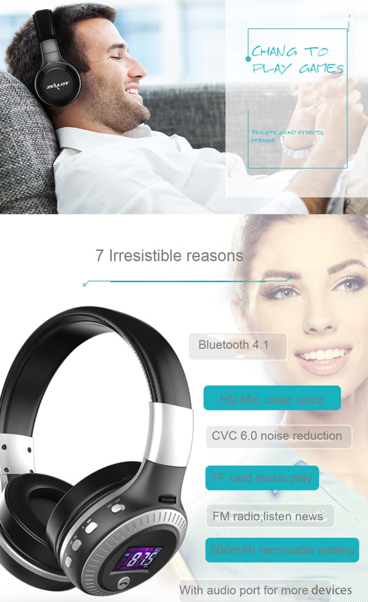 Auriculares de música Stereo Bluetooth de Zealot B19 con Pantalla para iPhone Galaxy Huawei Xiaomi LG HTC y otros Teléfonos Inteligentes (Plata)