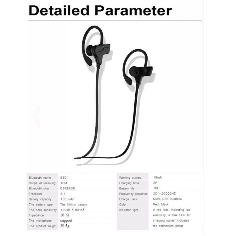 Oreillette Bluetooth S30 Ear Hook avec contrôle du volume + prise en charge du micro appel mains libres (noir)