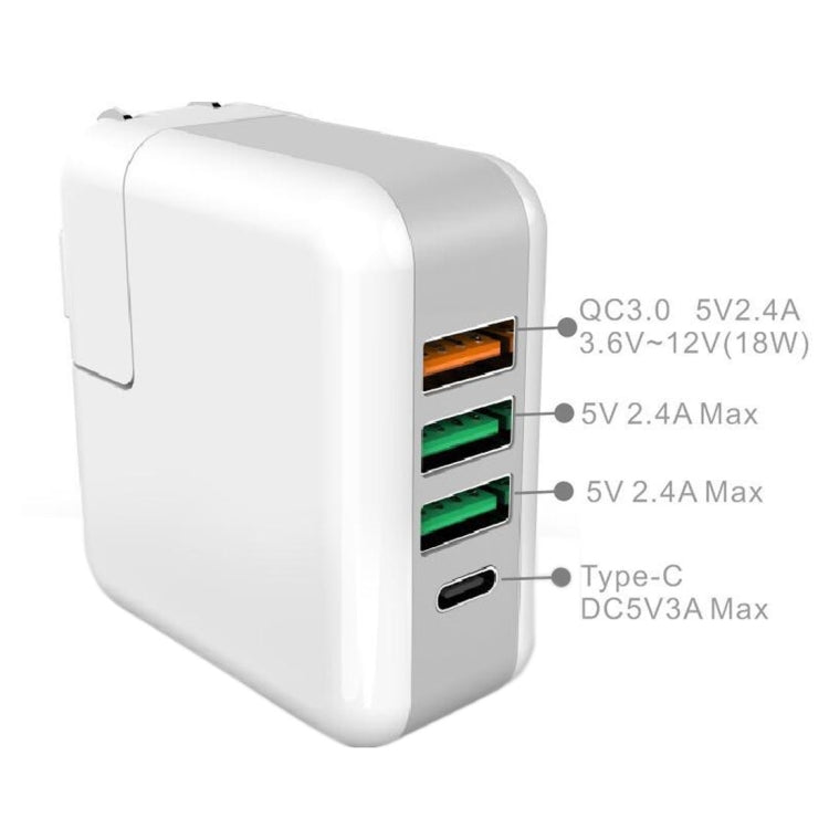 Portable QC3.0 5V 2.4A 3 USB Ports + USB-C / Type-C Port Travel Charger with UK US EU and AU Plug Set For iPhone Galaxy Huawei Xiaomi LG HTC and other Smart Phones rechargeable devices (White)