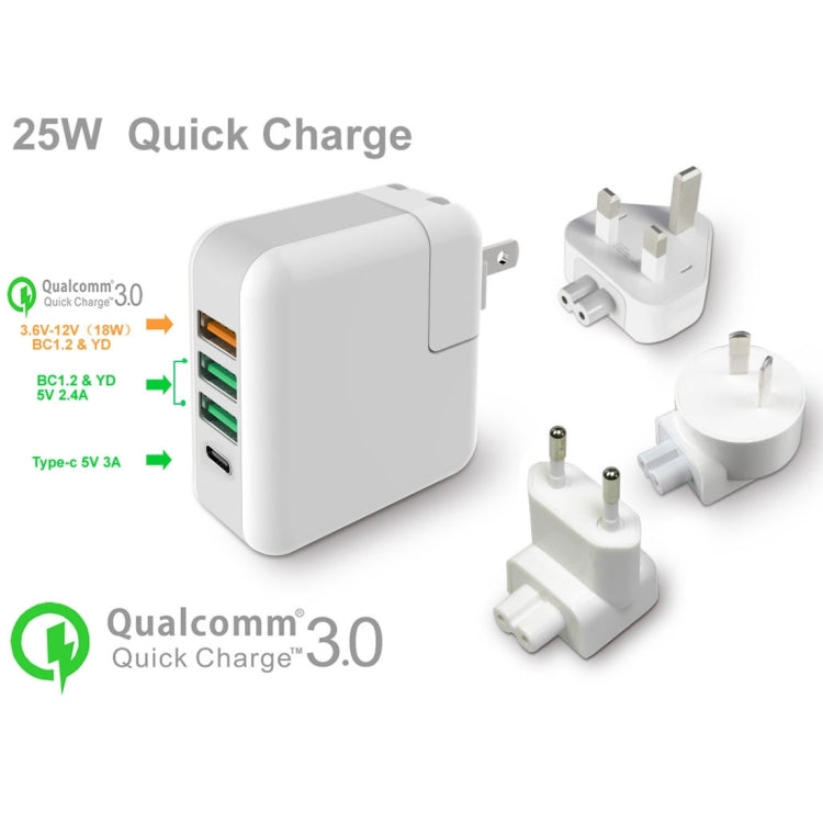 Portable QC3.0 5V 2.4A 3 USB Ports + USB-C / Type-C Port Travel Charger with UK US EU and AU Plug Set For iPhone Galaxy Huawei Xiaomi LG HTC and other Smart Phones rechargeable devices (White)