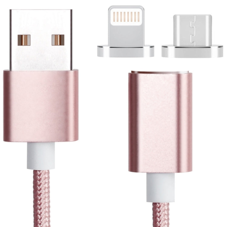 2 en 1 5V 2A Micro USB y 8 PIN a USB 2.0 Estilo de tejido Cable de Datos Magnéticos longitud del Cable: 1.2m (Rosa)