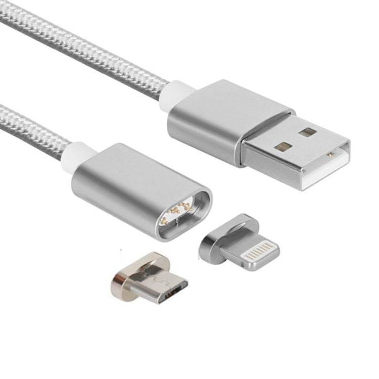 2 in 1 5V 2A Micro USB and 8 PIN to USB 2.0 Weave Style Magnetic Data Cable Cable length: 1.2m (Silver)