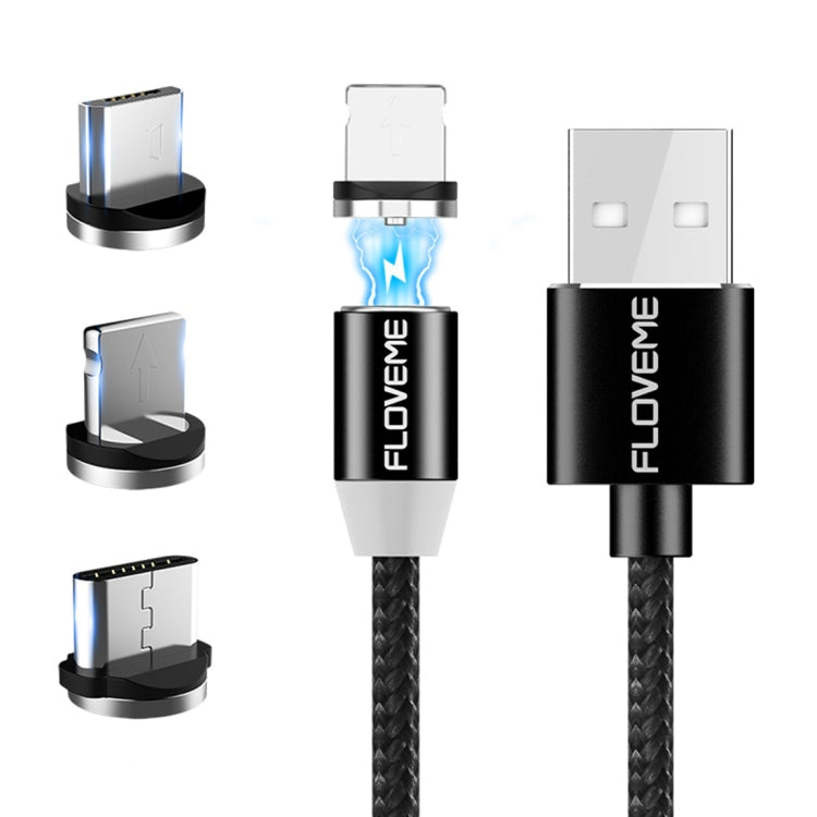 FLOVEME YXF93674 1M 2A 8 BROCHES + Micro USB + USB-C / Type AC Câble de Charge USB en Nylon Magnétique (Noir)