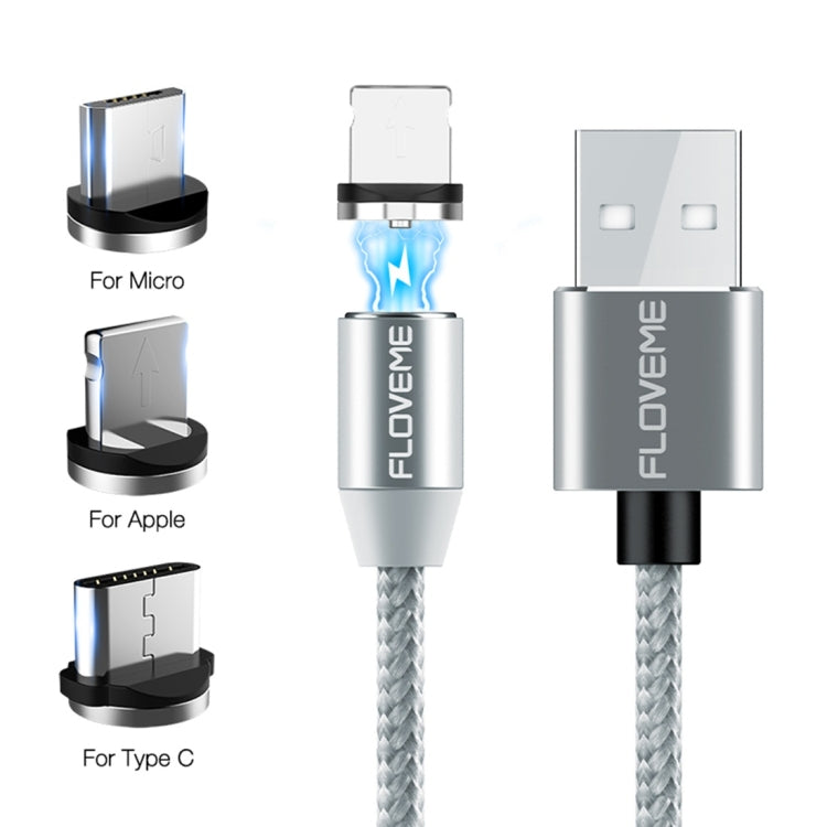 FLOVEME YXF93674 1M 2A 8 BROCHES + Micro USB + USB-C / Type AC Câble de Charge USB en Nylon Magnétique (Argent)