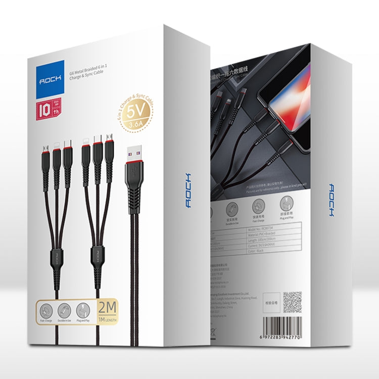 Rock G6 6 en 1 Multifunción 8 Pines + Micro + Tipo-C / USB-C Cable de Carga de tejido metálico longitud: 2 m (Negro)