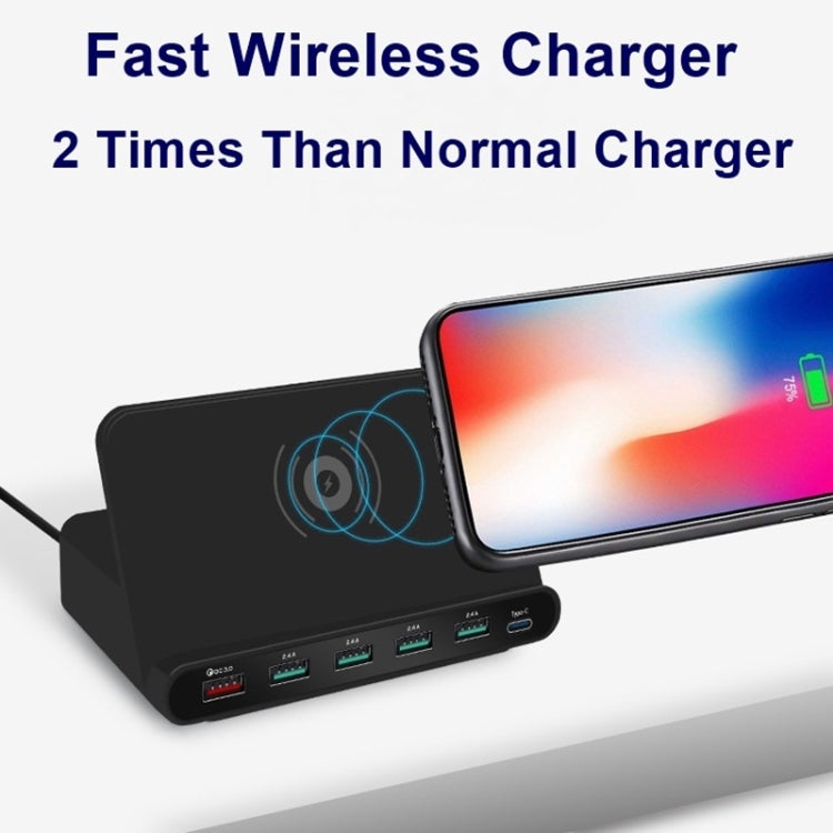828W 7 in 1 60W QC 3.0 USB Interface + 4 USB Ports + USB-C / Type-C Interface + Multifunction Wireless Charging Charger with Stand Function for Mobile Phone EU Plug (Black)