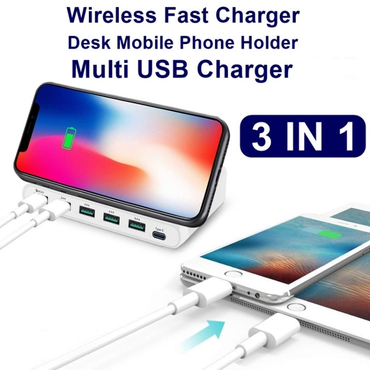 828W 7 in 1 60W QC 3.0 USB Interface + 4 USB Ports + USB-C / Type-C Interface + Multifunction Wireless Charging Charger with Stand Function for Mobile Phone EU Plug (White)