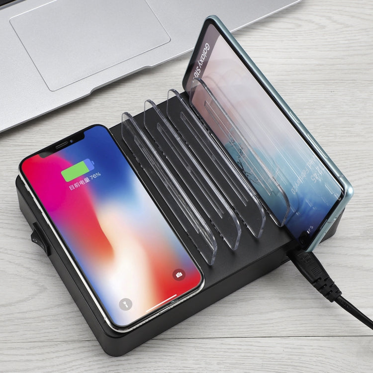 50W 6 USB Ports + 2 USB-C / Type-C Ports + Wireless Charging Multifunction Charger with LED Display and Detachable Bezel EU Plug
