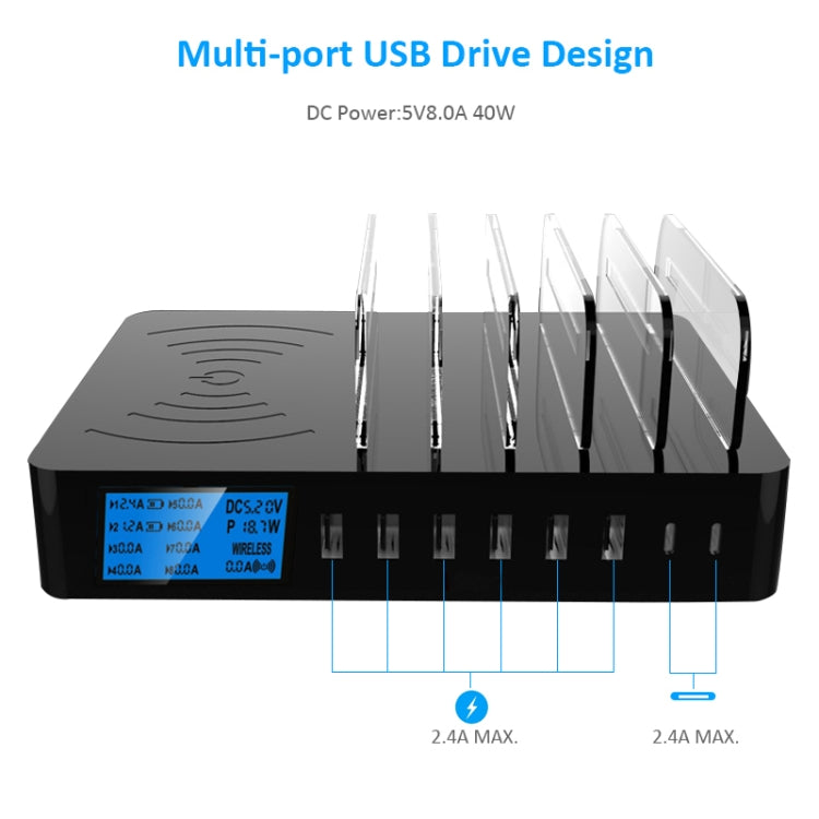 50W 6 Puertos USB + 2 Puertos USB-C / Type-C + Cargador Multifunción de Carga Inalámbrica con Pantalla LED y bisel desmontable Enchufe de US