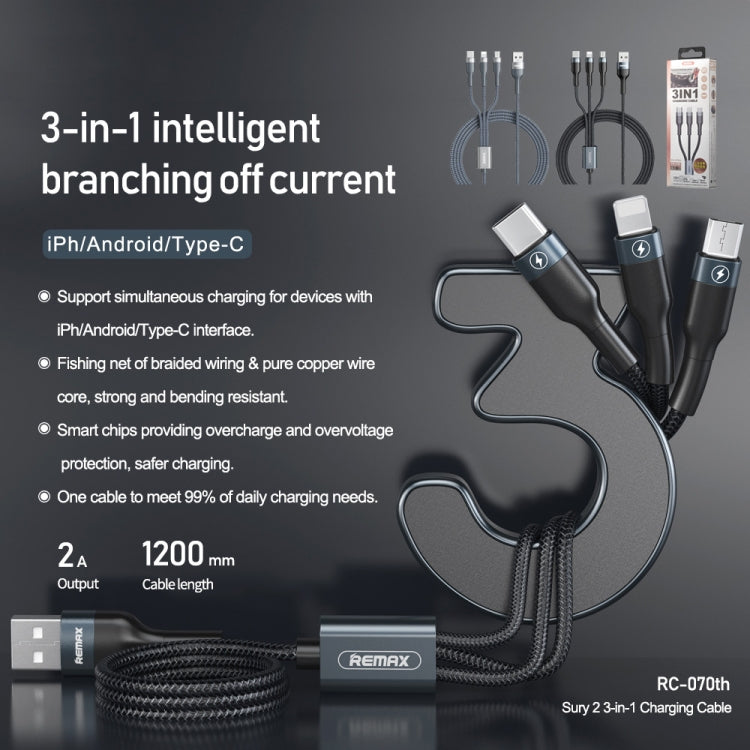Remax RC-070TH 1.2m 2A 3 in 1 USB to 8 Pin &amp; USB-C / Type-C &amp; Micro USB Charging Cable (Black)