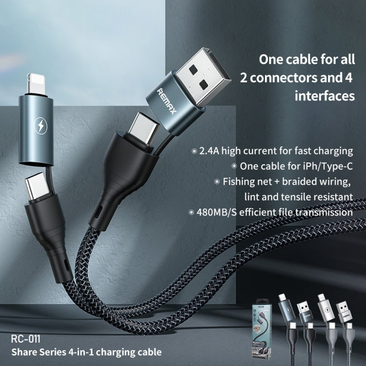 Remax RC-011 1.2m 2.4A 4-en-1 USB a USB-C / Type-Cx2 + Cable de Datos de Carga Rápida de 8 Pines (Negro)