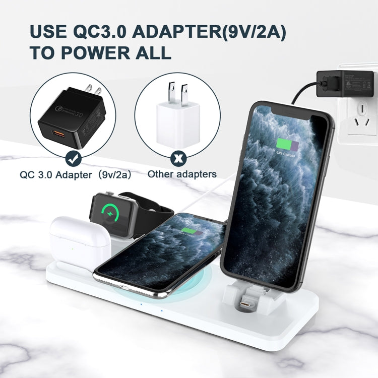 Q720 6 en 1 15W 8 broches + USB-C / Type-C + USB + Interface de charge pour casque 8 broches + QI Chargeur sans fil multifonctionnel avec fonction de support pour téléphone portable / montre (Blanc)