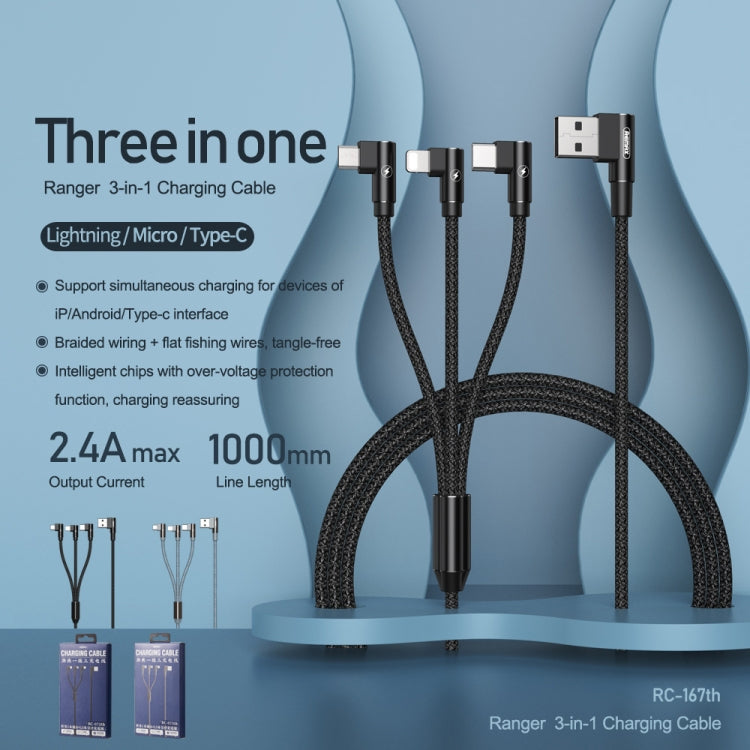 Remax RC-167th 3 en 1 2.1A USB vers 8 broches + USB-C / Type-C + Câble de charge de gamme Micro USB Longueur du cordon : 1 m (Noir)