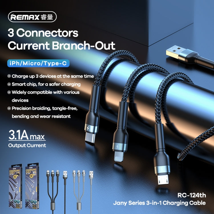 Remax RC-124TH JANY serie 3.1A 3 en 1 USB a Tipo-C + 8 PIN + Cable de Carga Micro USB longitud del Cable: 1.2m (Negro)