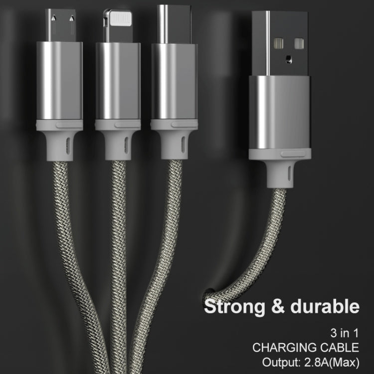 WK WDC-091 2.8A 3 en 1 8 broches + Micro USB + Type-C / USB-C Capacité de charge en aluminium Slloy Longueur du câble : 1,15 m (Argent)