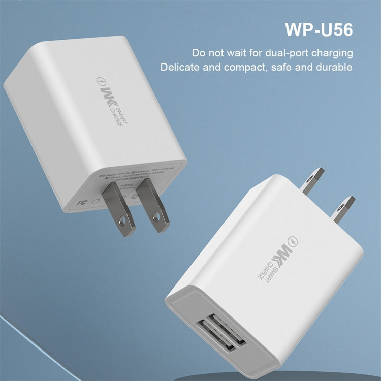 WKOME WP-U56 Chargeur de Voyage Double USB 2 en 1 2A + Câble de Données USB vers Micro USB Prise US (Blanc)