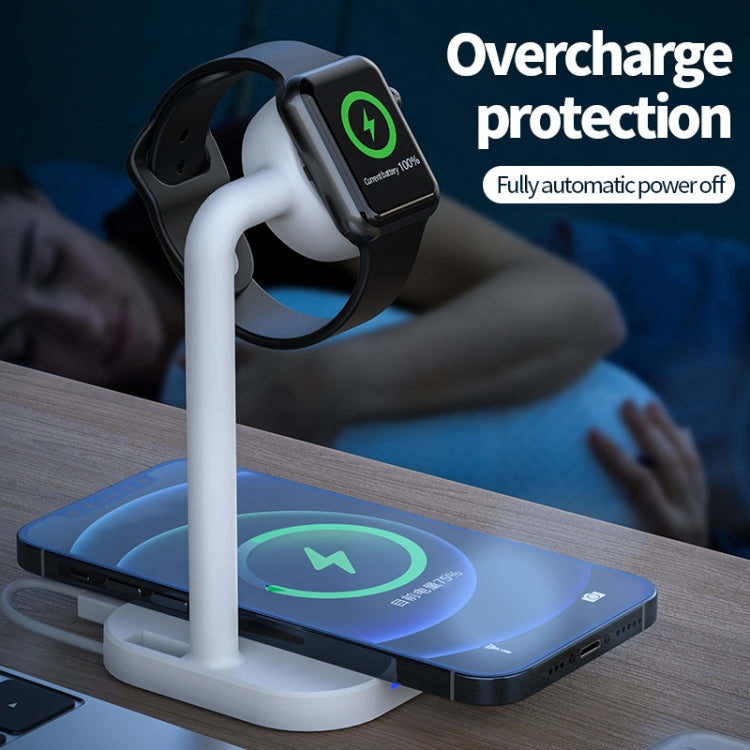 Adj-984 Chargeur sans fil à induction électromagnétique 2 en 1 pour téléphones mobiles et montres Apple AirPods (Blanc)