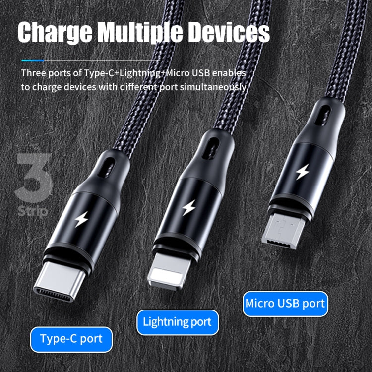 Câble de données Rock G18 Flash Charging Series 3 en 1 USB vers 8 broches + USB-C / Type-C + câble de charge Micro USB Longueur du câble : 120 cm