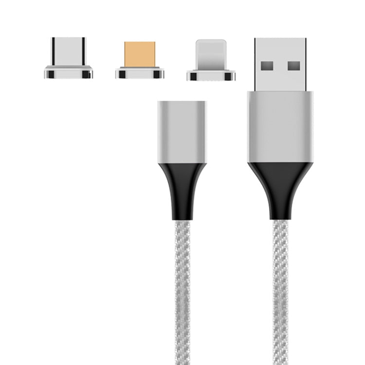 M11 3 en 1 3A USB vers 8 broches + Micro USB + Câble de données magnétique tressé en nylon + USB-C / Type C / Type C / Longueur du câble : 2 m (Argent)