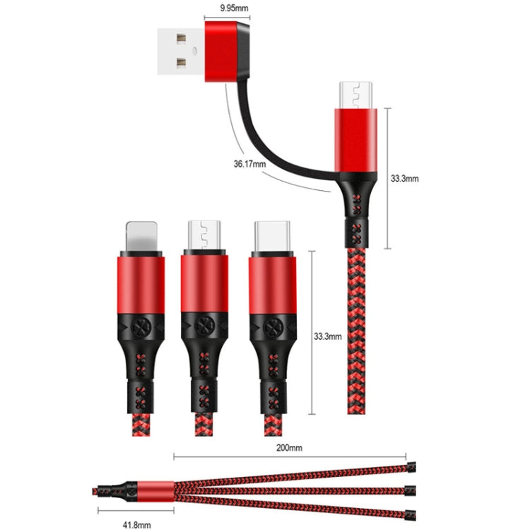 5 en 1 3A USB + USB-C / Tipo-C a 8 PIN + Micro USB USB-C / Tipo C / Cable de Datos de Carga Rápida trenzada de dos Colores longitud del Cable: 1.2m (Azul)