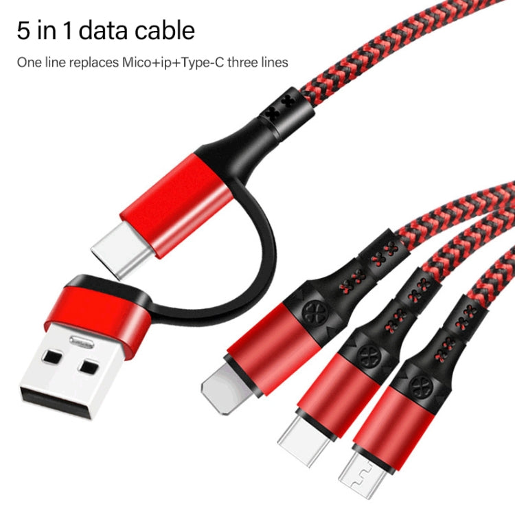5 en 1 3A USB + USB-C / Tipo-C a 8 PIN + Micro USB USB-C / Tipo C / Cable de Datos de Carga Rápida trenzada de dos Colores longitud del Cable: 1.2m (Azul)