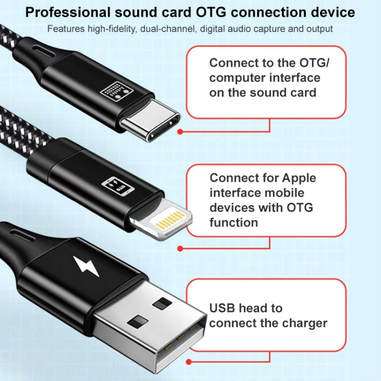 A02-LU 8 pin to Type C / USB-C + USB OTG Nylon Braid Charging Cable length: 1.5m + 1.2m