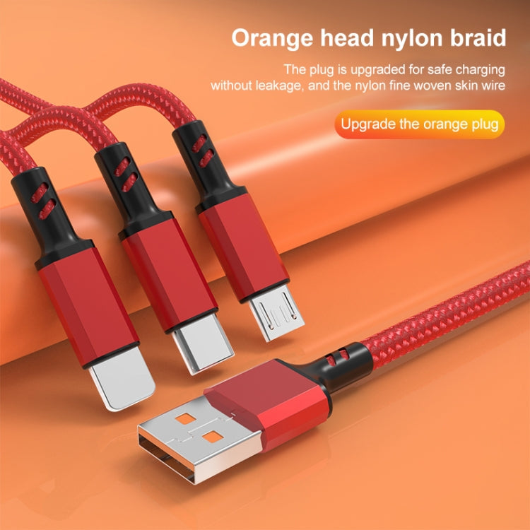 Prise Orange 3A 3 en 1 USB vers Type C / 8 broches / Micro USB Câble de charge rapide Longueur du câble : 1,2 m (Bleu)