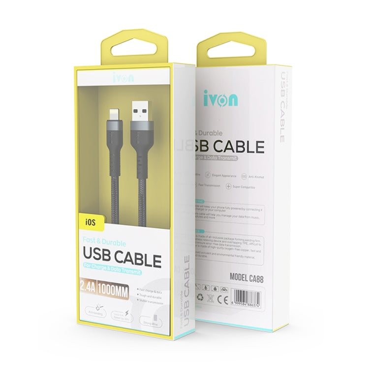 Ivon CA88 12W 2.4A USB vers USB-C/TYPE-C Tresse en nylon Câble de données de charge RAPIDE Longueur du câble : 1 m (Noir)