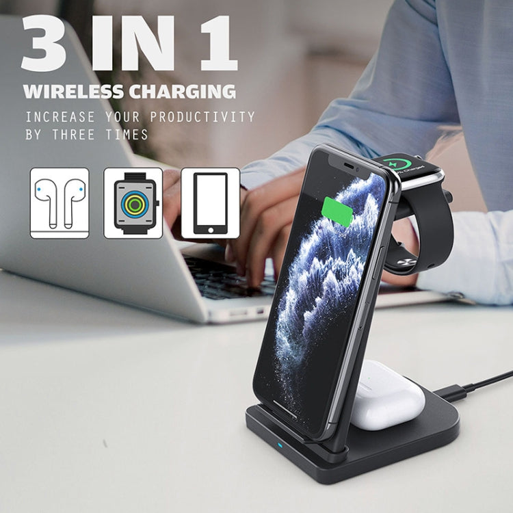 10W 3 in 1 Vertical Multifunction QC 3.0 Wireless Charger with Stand Function Suitable for Mobile Phones / Apple Watch / AirPods (Black)