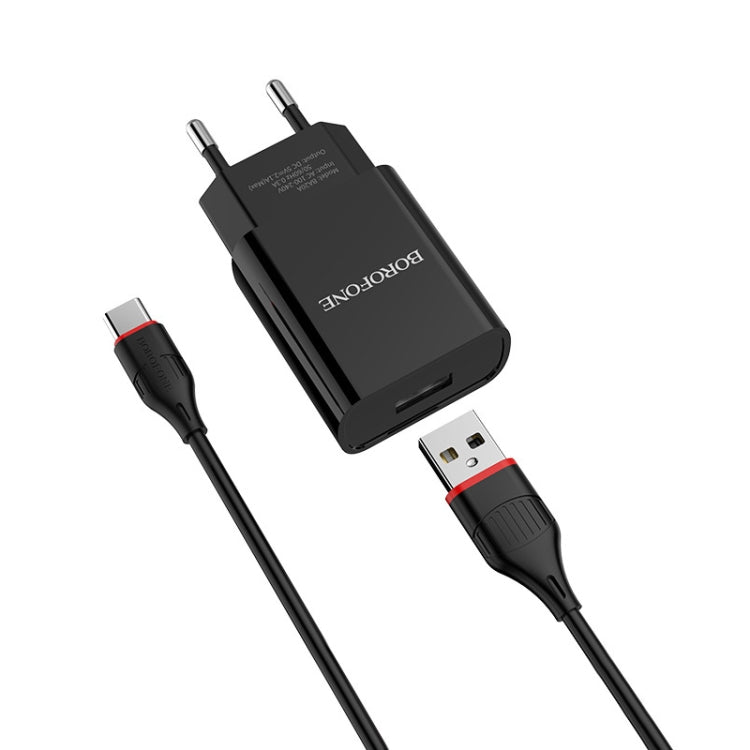 BOroFONE BA20A 2.1A Sharp Single Port Charger Power Adapter Set with USB-C/Type-C Charging Cable EU Plug (Black)
