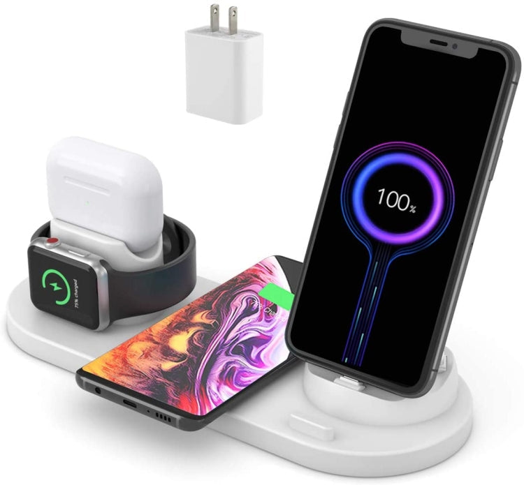HQ-UD15 Chargeur sans fil 6 en 1 amélioré pour iPhone Apple Watch AirPods et autres téléphones Android (Blanc)