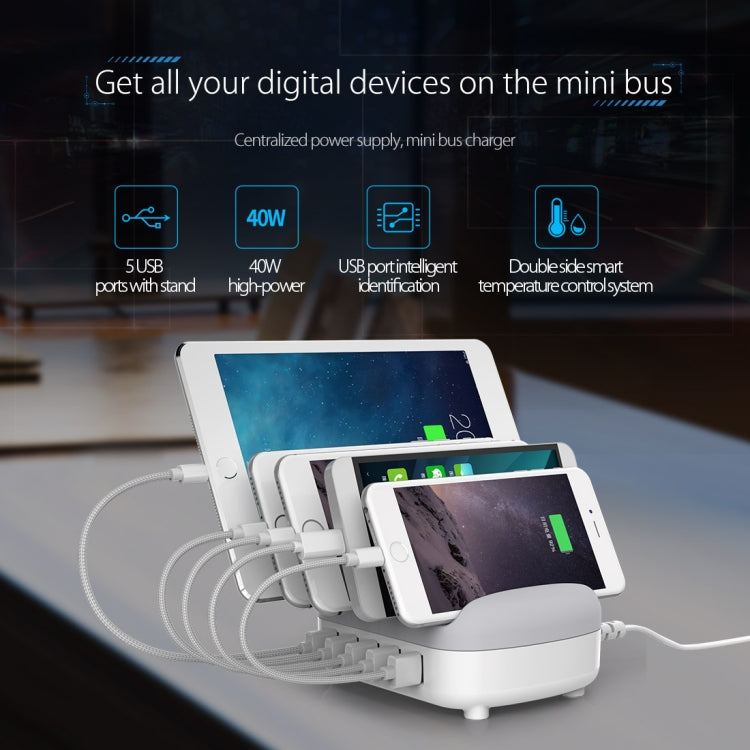 Station de charge intelligente ORICO DUK-5P 40W 5 ports USB avec support pour téléphone et tablette (Blanc)
