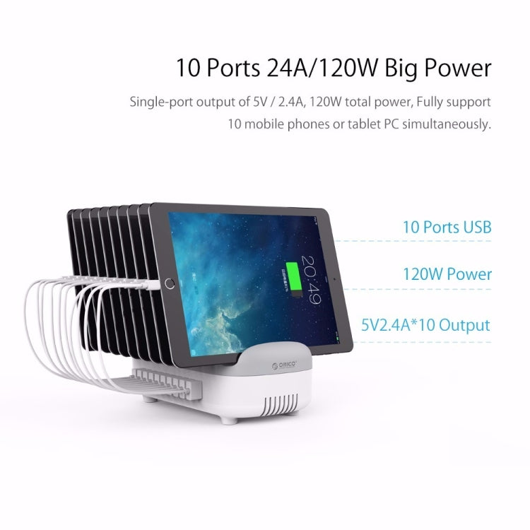 Station de charge intelligente ORICO DUK-10P 120W 10 ports USB avec support pour téléphone et tablette (Blanc)