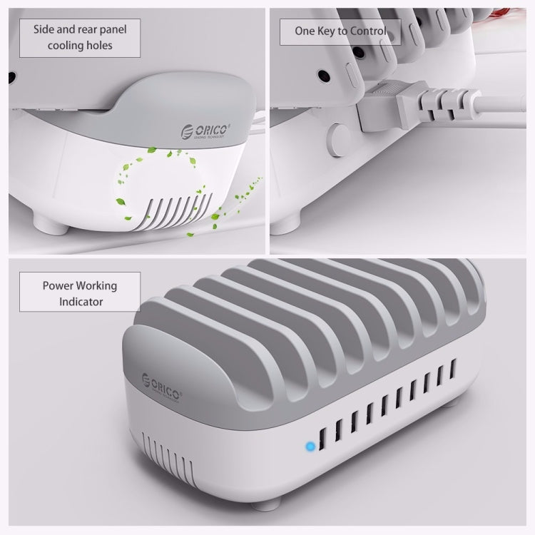 ORICO DUK-10P 120W 10 USB Ports Smart Charging Station with Phone and Tablet Holder (White)