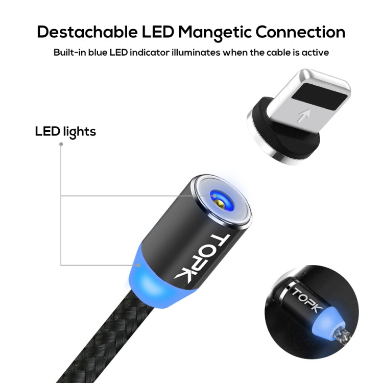 TOPK 1m 2.4A Max Câble de Charge Magnétique USB à 8 Broches en Nylon Tressé avec Indicateur LED (Noir)