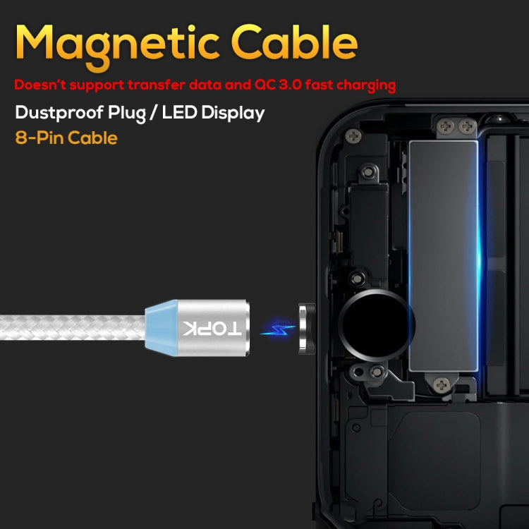 TOPK 1m 2.4A Max USB vers 8 Broches Nylon Tressé Câble de Charge Magnétique avec Indicateur LED (Argent)