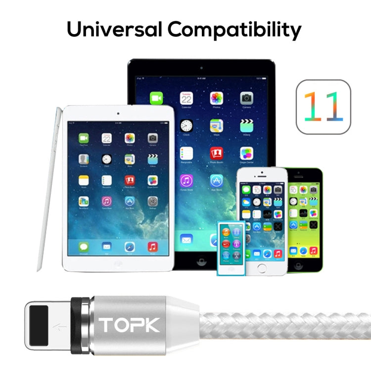 TOPK 1m 2.4A Max USB to 8 Pin Nylon Braided Magnetic Charging Cable with LED Indicator (Silver)