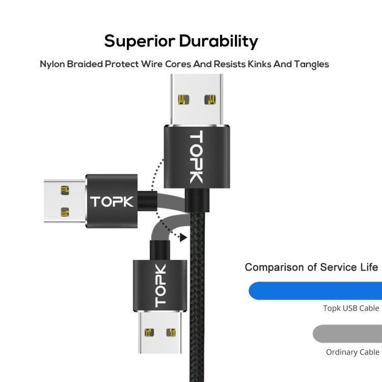 TOPK 1m 2.4A Max USB vers 8 Broches + USB-C / Type-C + Micro USB Câble de Charge Magnétique Tressé en Nylon avec Indicateur LED (Noir)