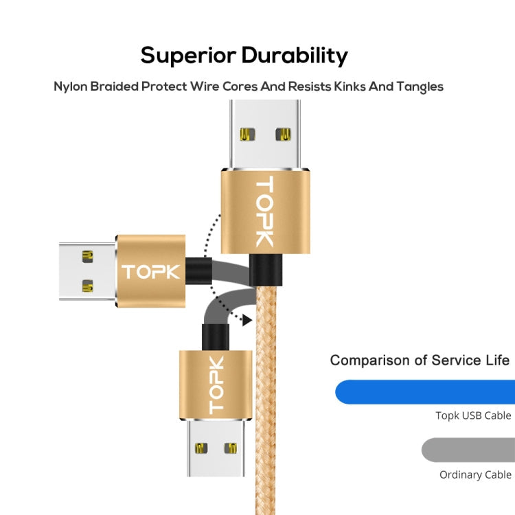 TOPK 1m 2.4A Max USB vers 8 Broches + USB-C / Type-C + Micro USB Câble de Charge Magnétique Tressé en Nylon avec Indicateur LED (Or)