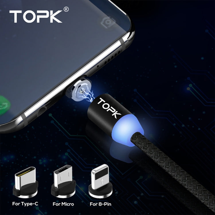 TOPK 1m 2.1A Sortie USB vers 8 broches + USB-C / Type-C + Câble de charge magnétique tressé micro USB avec indicateur LED (Noir)