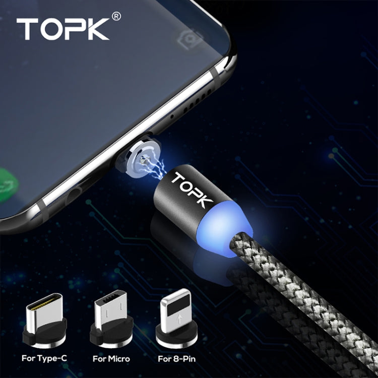 TOPK 1m 2.1A Sortie USB vers 8 Broches + USB-C / Type-C + Câble de Charge Magnétique Tressé Micro USB Mesh avec Indicateur LED (Gris)