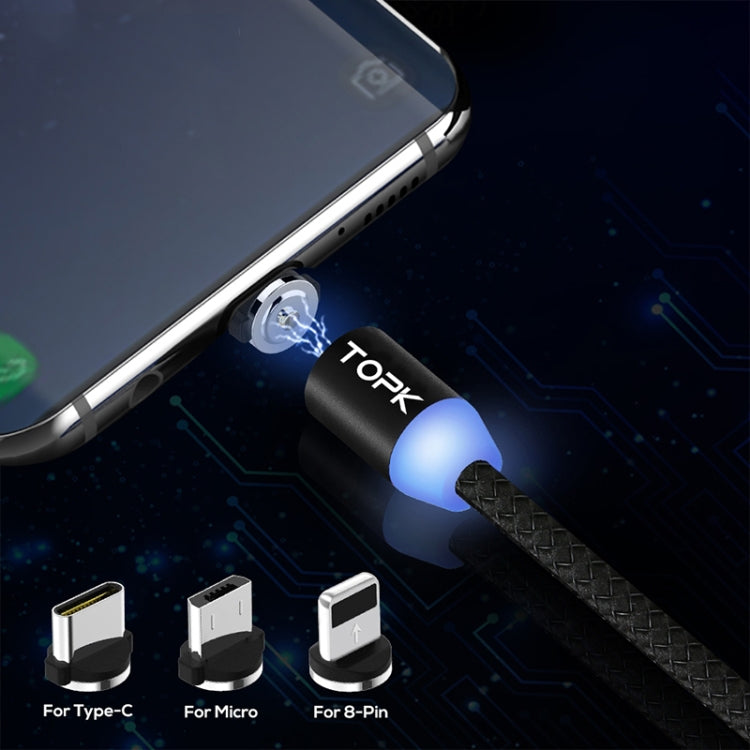 TOPK 2m 2.1A Sortie USB vers 8 broches + USB-C / Type-C + Câble de charge magnétique tressé micro USB avec indicateur LED (Noir)