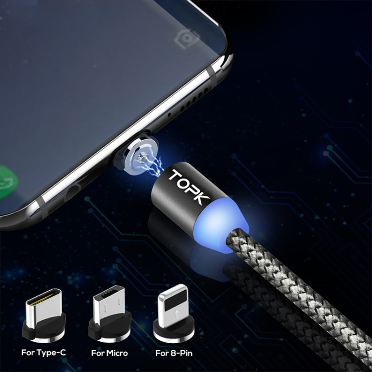 TOPK 2m 2.1A Salida USB a 8 Pines + USB-C / Tipo-C + Cable de Carga Magnético trenzado de malla Micro USB con indicador LED (Gris)