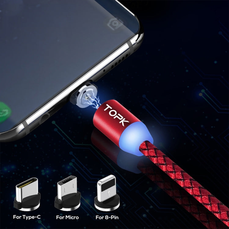 TOPK 2m 2.1A USB to 8 Pin Output + USB-C / Type-C + Micro USB Mesh Braided Magnetic Charging Cable with LED Indicator (Red)