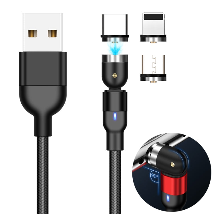 2m 2A Sortie 3 en 1 USB vers 8 Broches + USB-C / Type-C + Micro USB Nylon Tressé Pivotant Câble de Charge Magnétique (Noir)