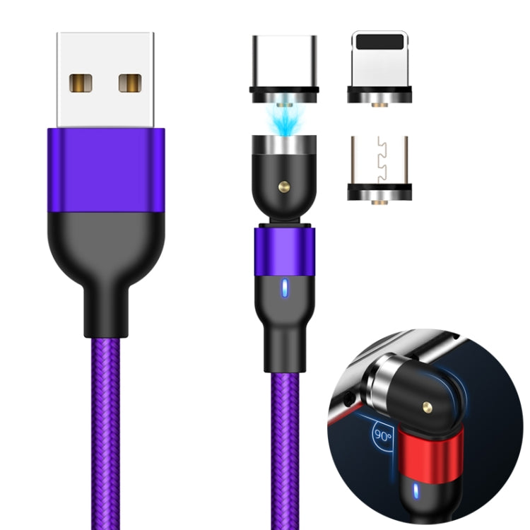 2m 2A Salida 3 en 1 USB a 8 Pines + USB-C / Tipo-C + Micro USB Cable de Carga Magnético giratorio trenzado de Nylon (violeta)