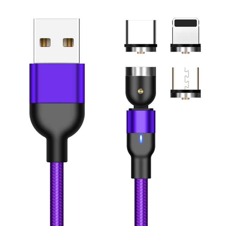 2m 2A Output 3 in 1 USB to 8 Pin + USB-C / Type-C + Micro USB Nylon Braided Swivel Magnetic Charging Cable (Purple)