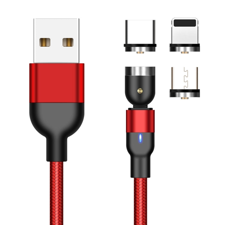 2m 2A Salida 3 en 1 USB a 8 Pines + USB-C / Tipo-C + Micro USB Cable de Carga Magnético giratorio trenzado de Nylon (Rojo)